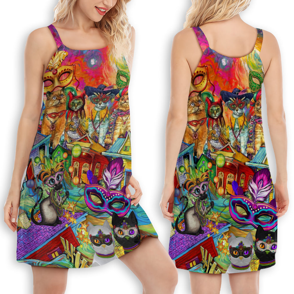 Cat Mardi Gras Street Party – Women's Summer Sleeveless V-Neck Camisole Dress