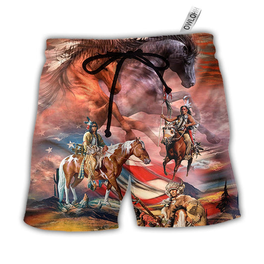 Beach Short / Adults / S Native American Independence Day Horse American Flag - Beach Short - Owls Matrix LTD