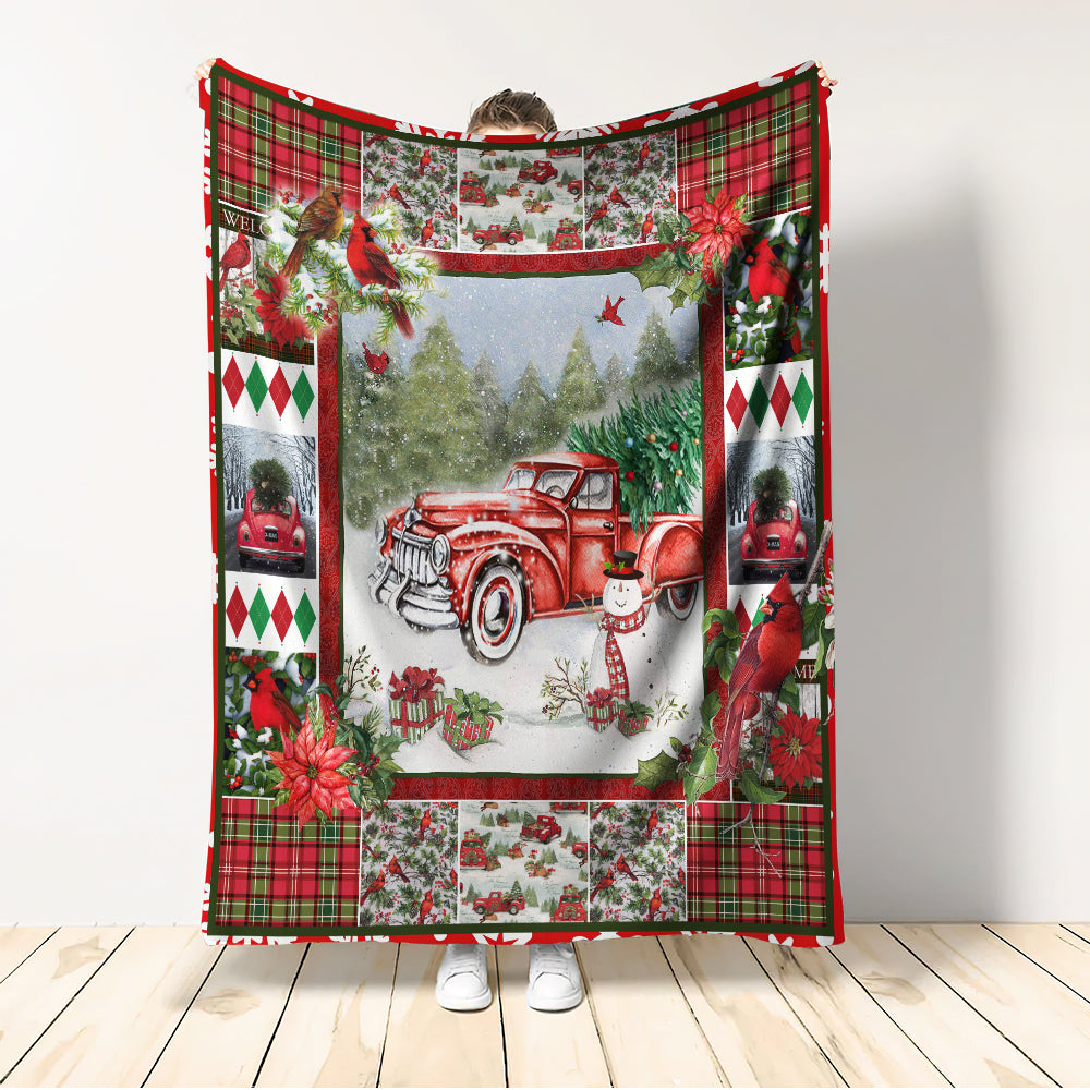Cardinal Red Truck Christmas Flannel Blanket For Soft Bed Couch And Home Comfort