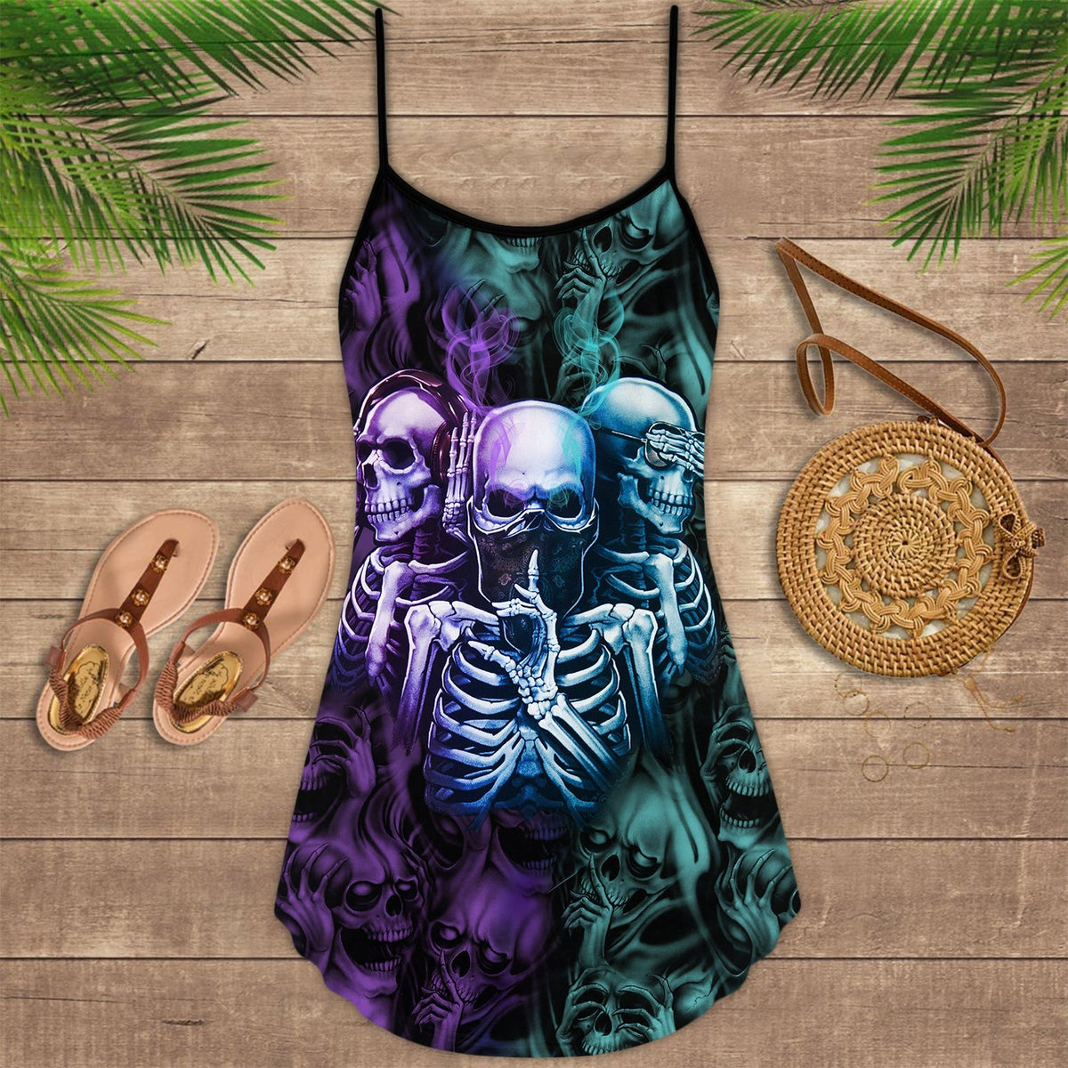Screaming Blue Skull Art – Women's Summer Sleeveless V-Neck Camisole Dress