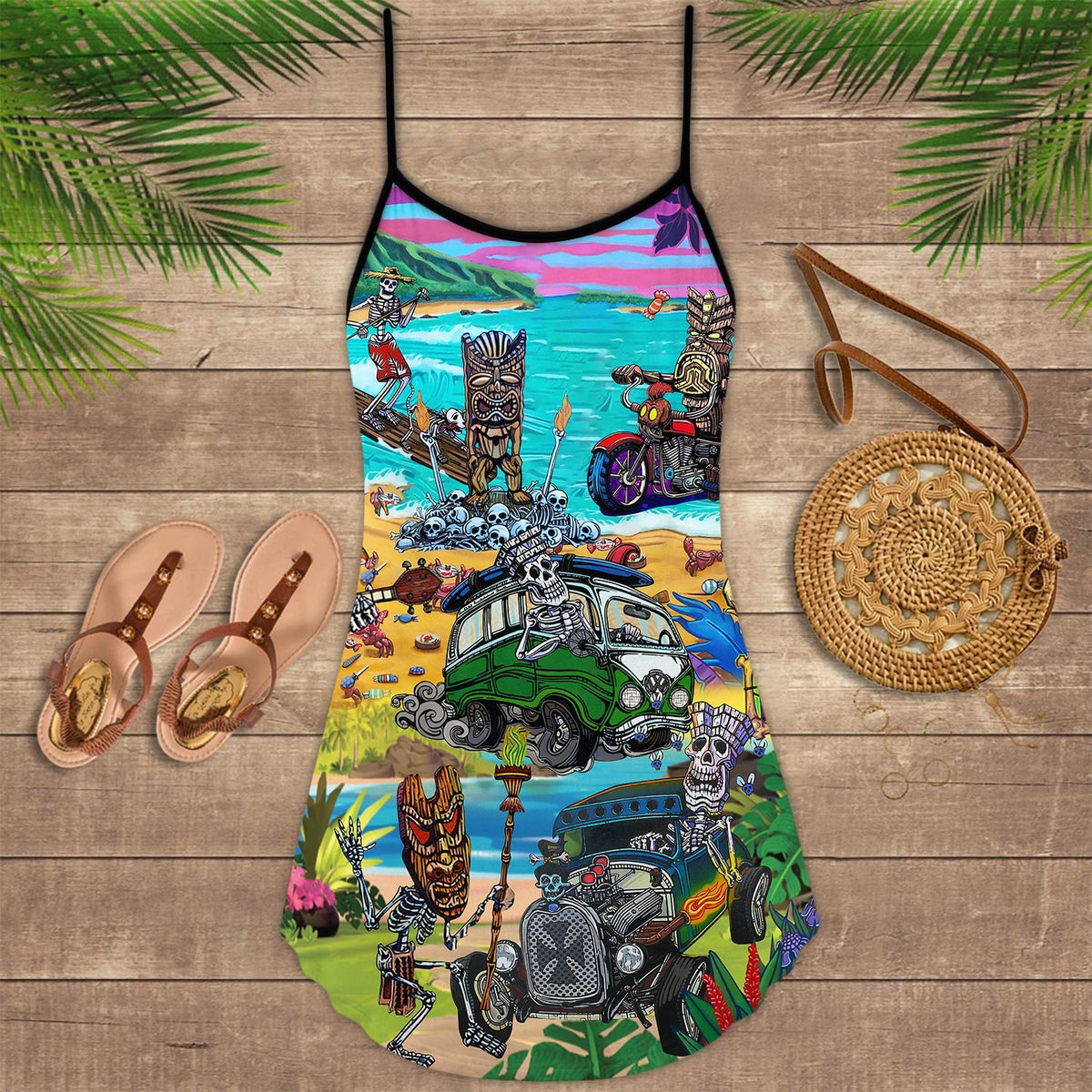 Skull No Fear No Pain – Women's Summer Sleeveless V-Neck Camisole Dress