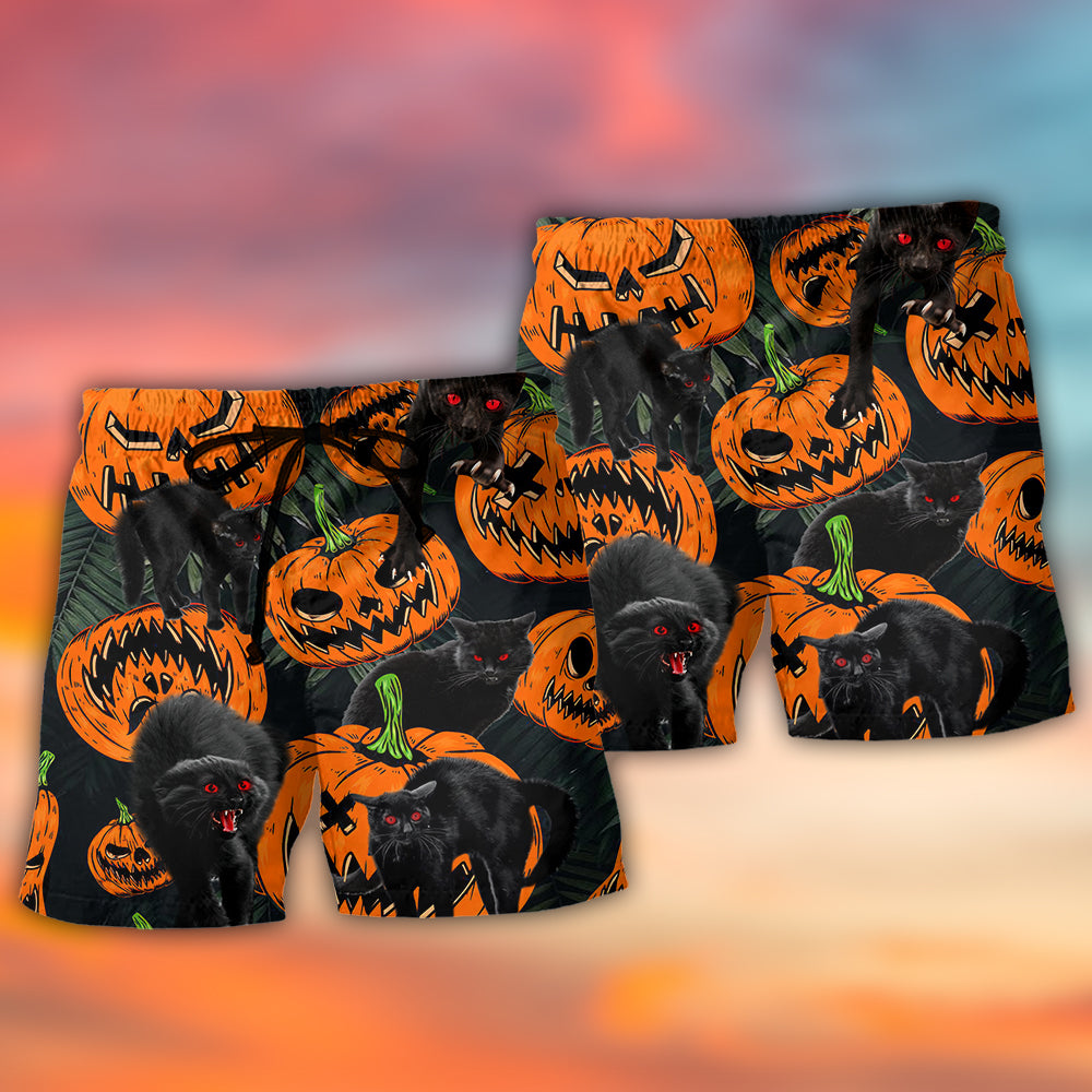 Halloween Black Cat Pumpkin Art - Beach Short