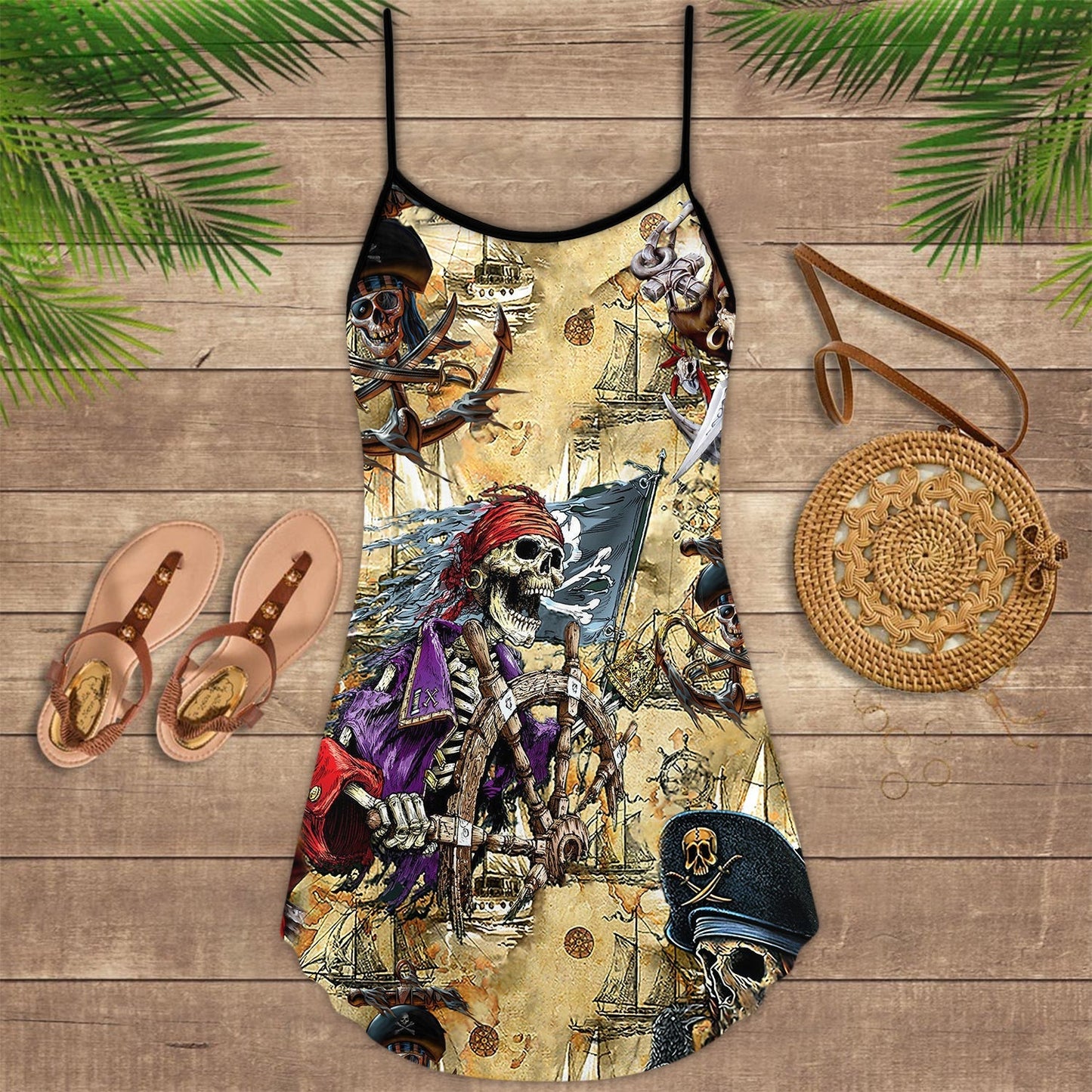 Skull Pirate Adventure Theme – Women's Summer Sleeveless V-Neck Camisole Dress