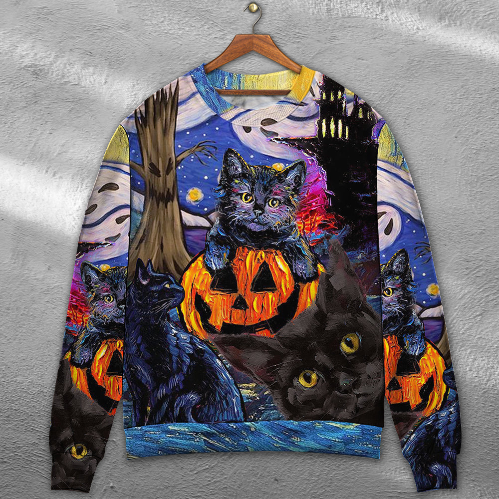 Halloween Black Cat Starry Night Art – Sweater - Ugly Christmas Sweater