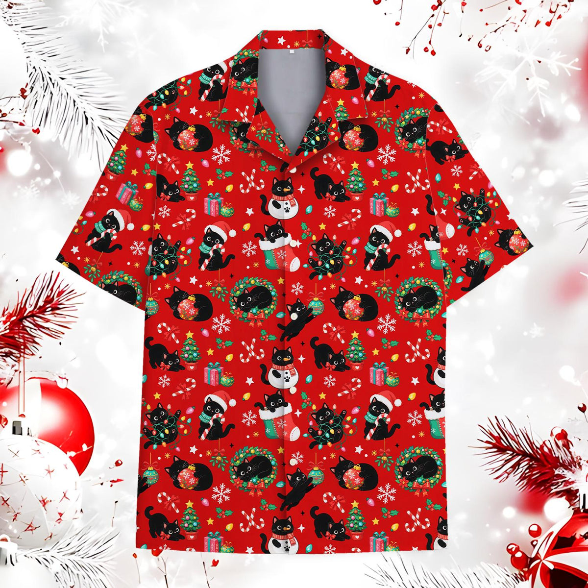 Black Cat Christmas Tree Snowman Holiday 2 – Hawaiian Shirt