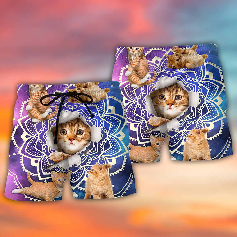 Cat Tabby Cat Yoga Galaxy Yoga Pose Funny - Beach Short - Owls Matrix LTD