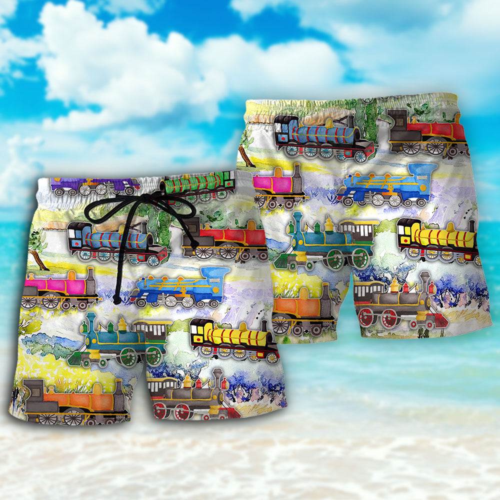 Train Watercolor Mountain Landscape Art – Beach Short