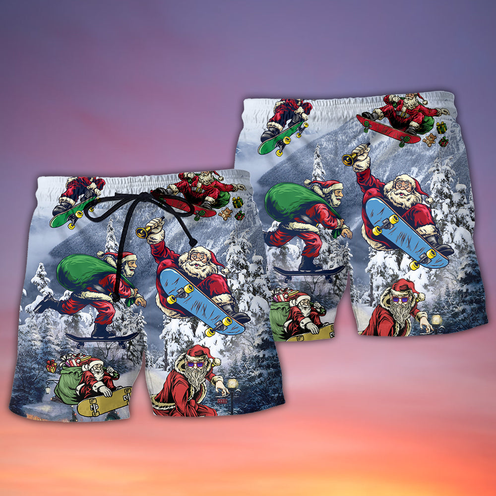 Santa Skateboarding Snowy Mountain Lights – Beach Short