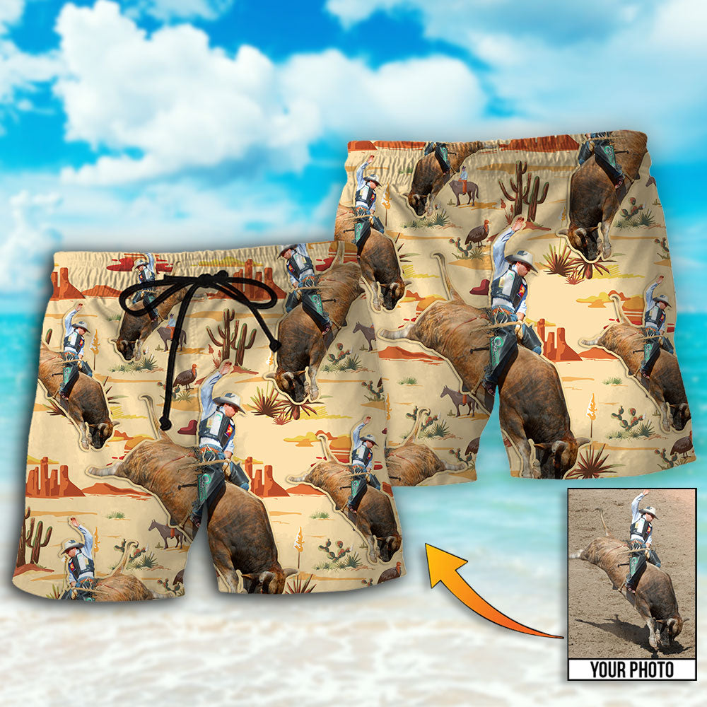 Cowboy Bull Riding Tropical Custom Photo - Beach Short - Owls Matrix LTD