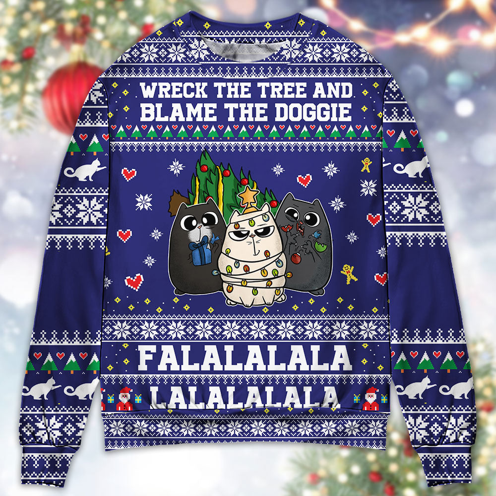 Cat Wrecks Tree Meowy Christmas Style – Sweater - Ugly Christmas Sweater