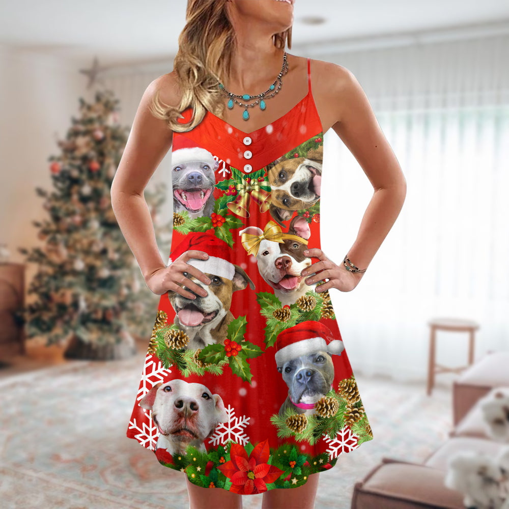 Christmas Dogs Pitbull Family Love – Women's Summer Sleeveless V-Neck Camisole Dress