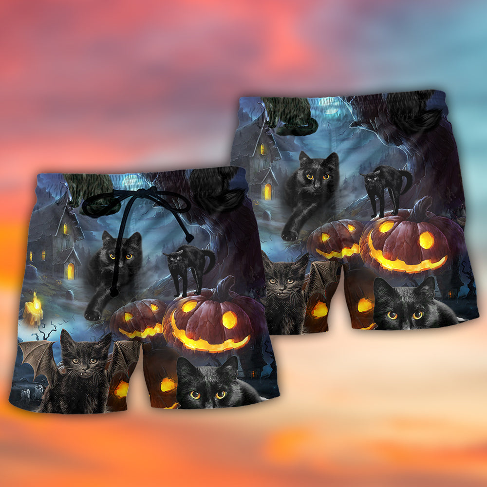 Halloween Black Cat Dark Night With Pumpkin – Beach Short