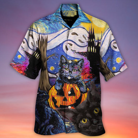Halloween Black Cat Starry Night Art - Hawaiian Shirt
