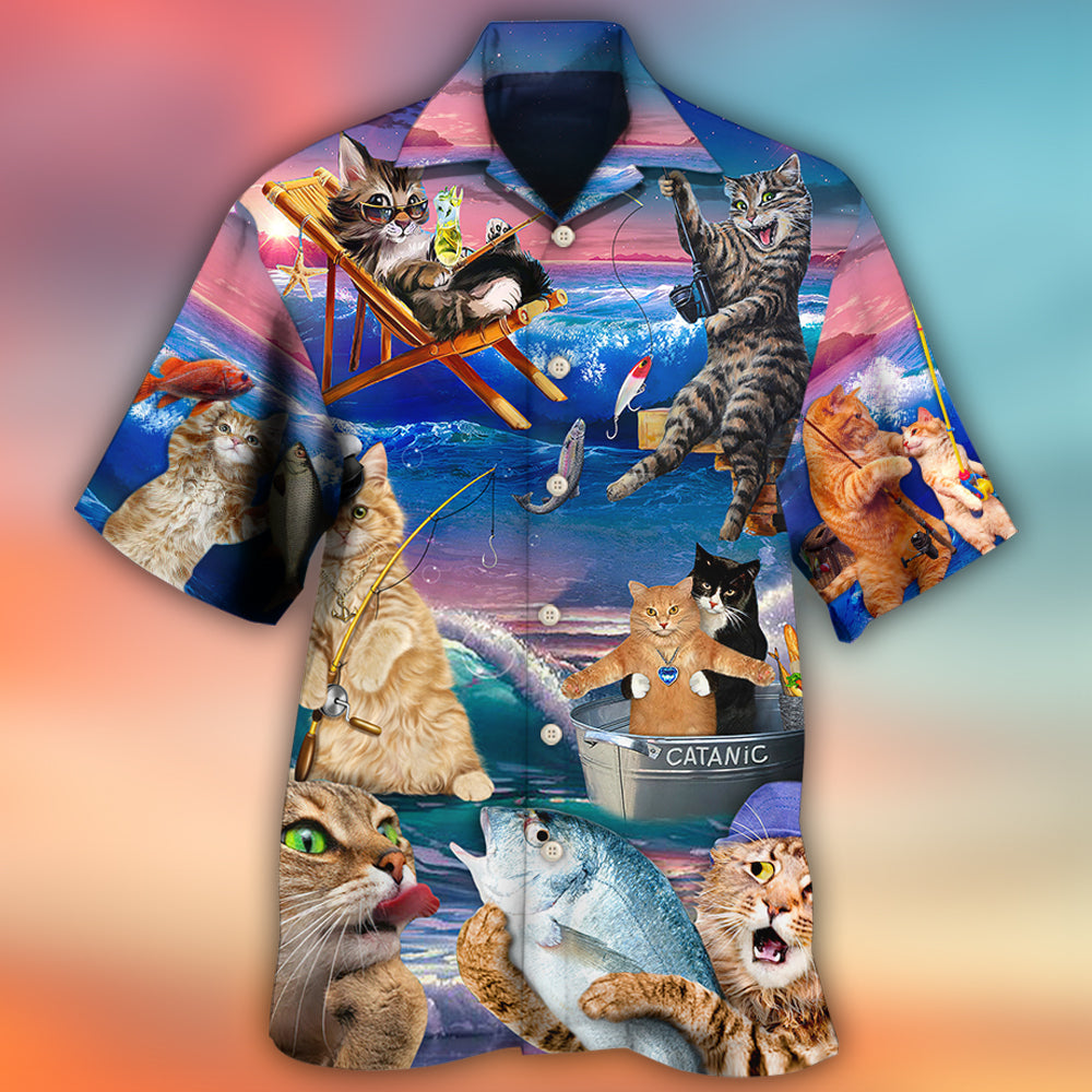 Fishing Cat Cute Beach Scene Art – Hawaiian Shirt