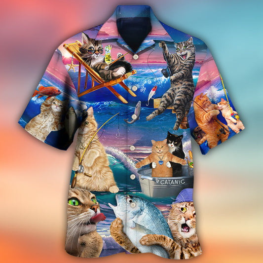 Fishing Cat Cute Beach Scene Art – Hawaiian Shirt