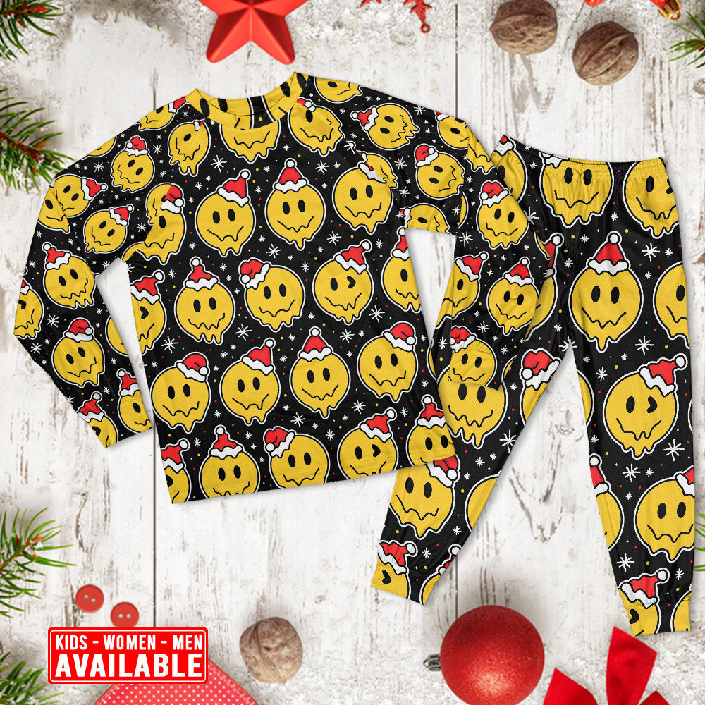 Christmas Smile Happy Face With Santa Hat - Pajamas Long Sleeve - Owls Matrix LTD