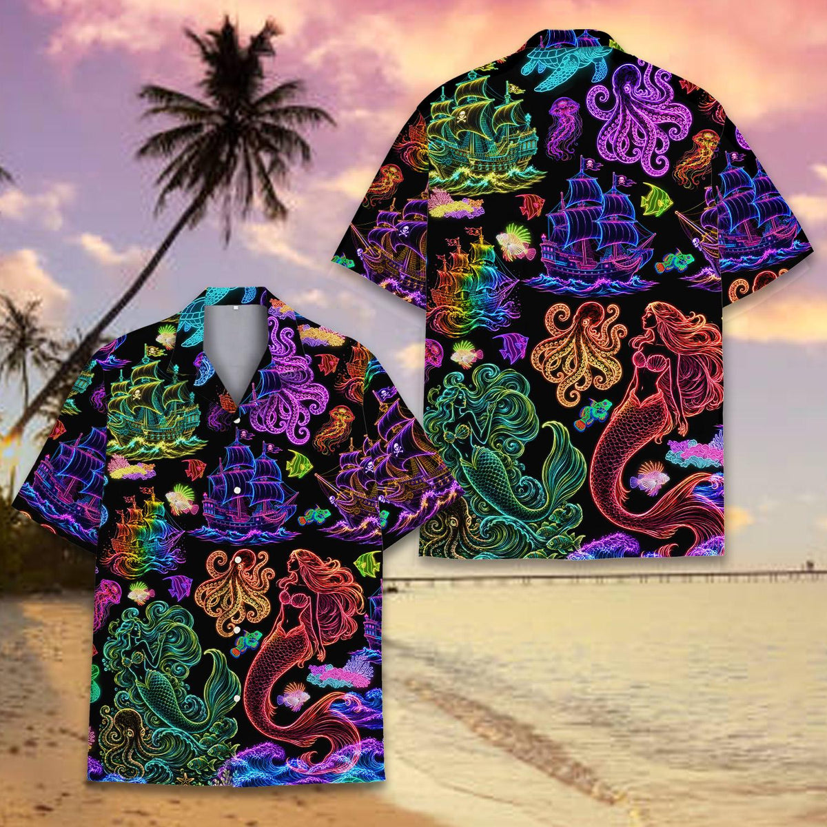 Neon Mermaid Pirate Ship Octopus Ocean – Hawaiian Shirt