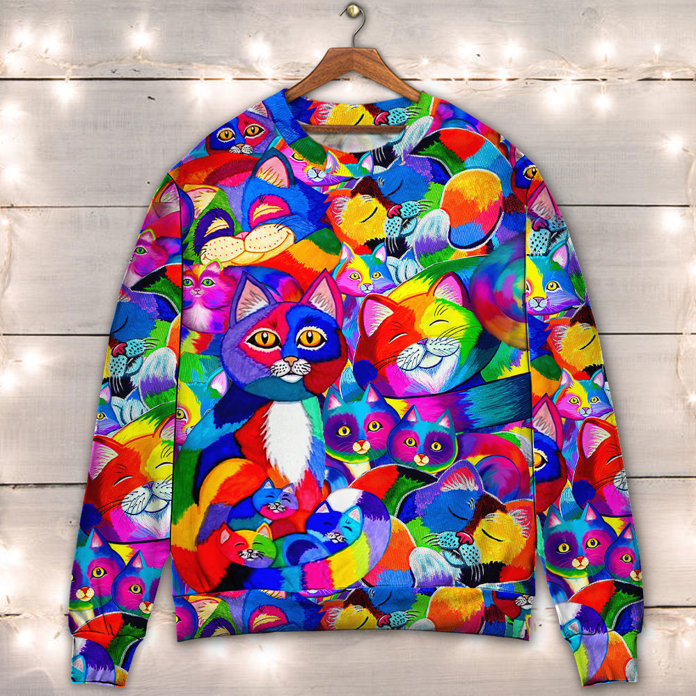 Colorful Rainbow Cat Art Style – Sweater - Ugly Christmas Sweater