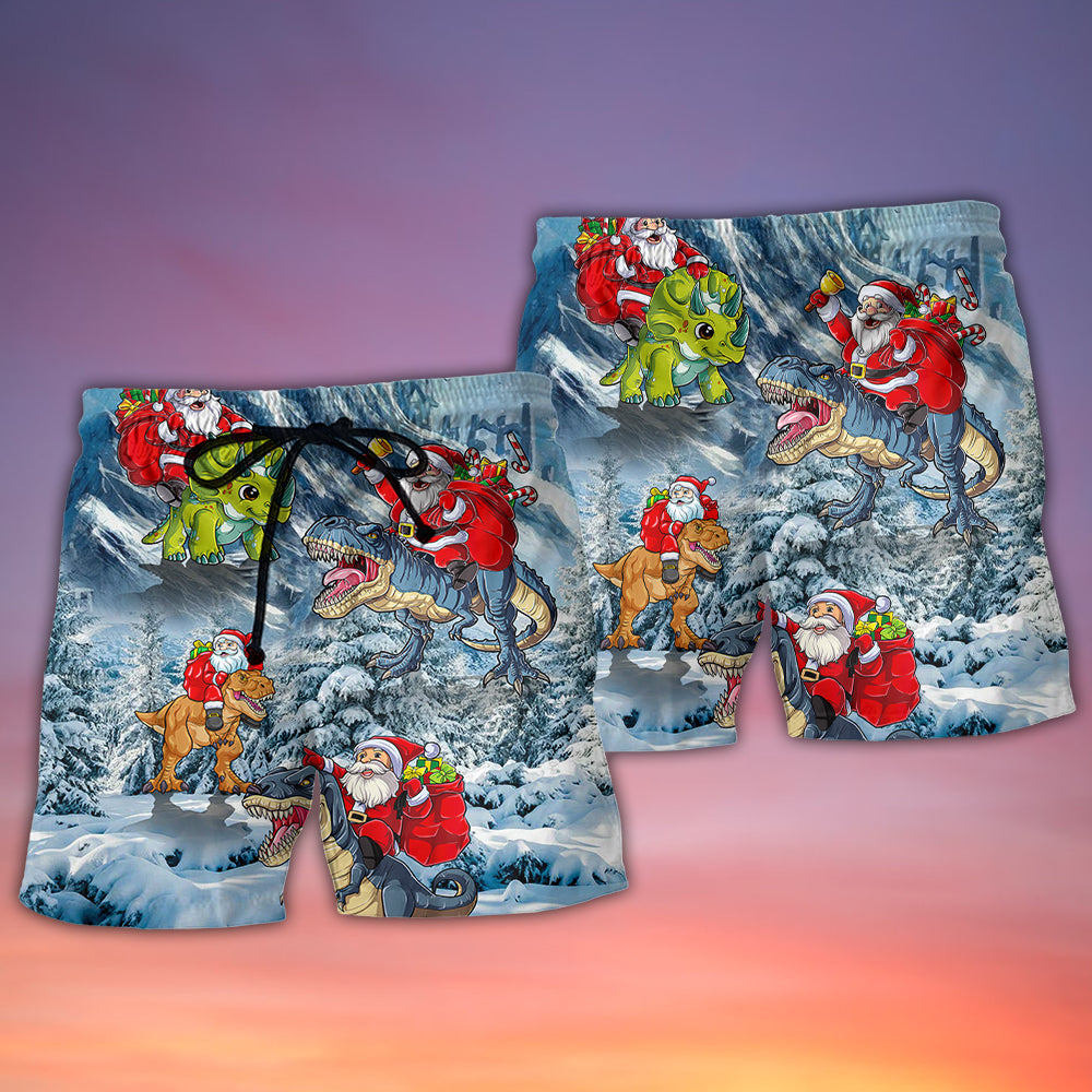 Santa Riding Dinosaur With Christmas Tree Lights – Beach Short