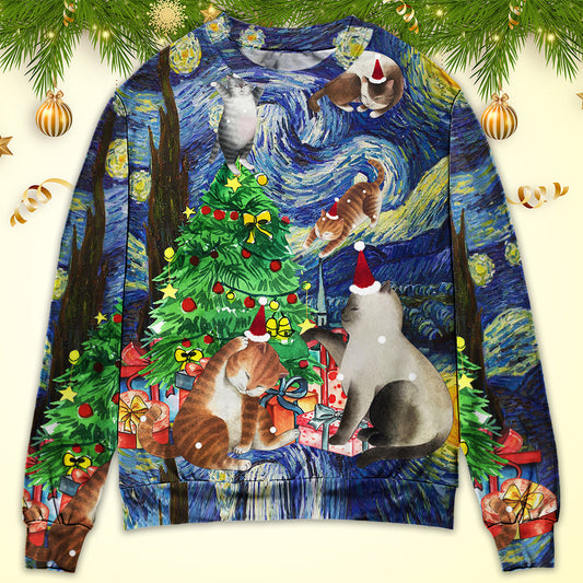 Christmas Cat Playing In Starry Night – Sweater - Ugly Christmas Sweater