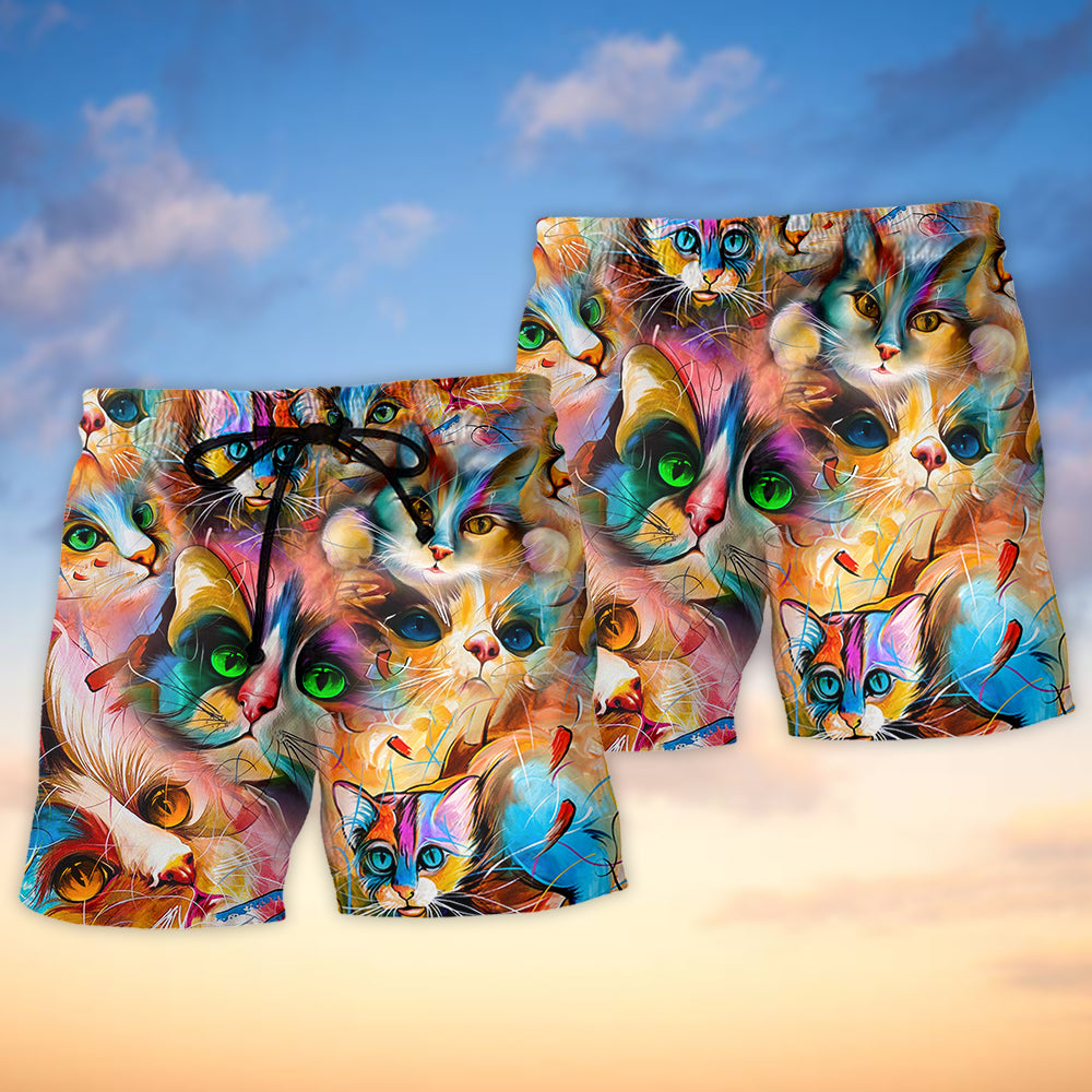 Cat Funny Art Lover Cat Colorful Mixer Style - Beach Short - Owls Matrix LTD
