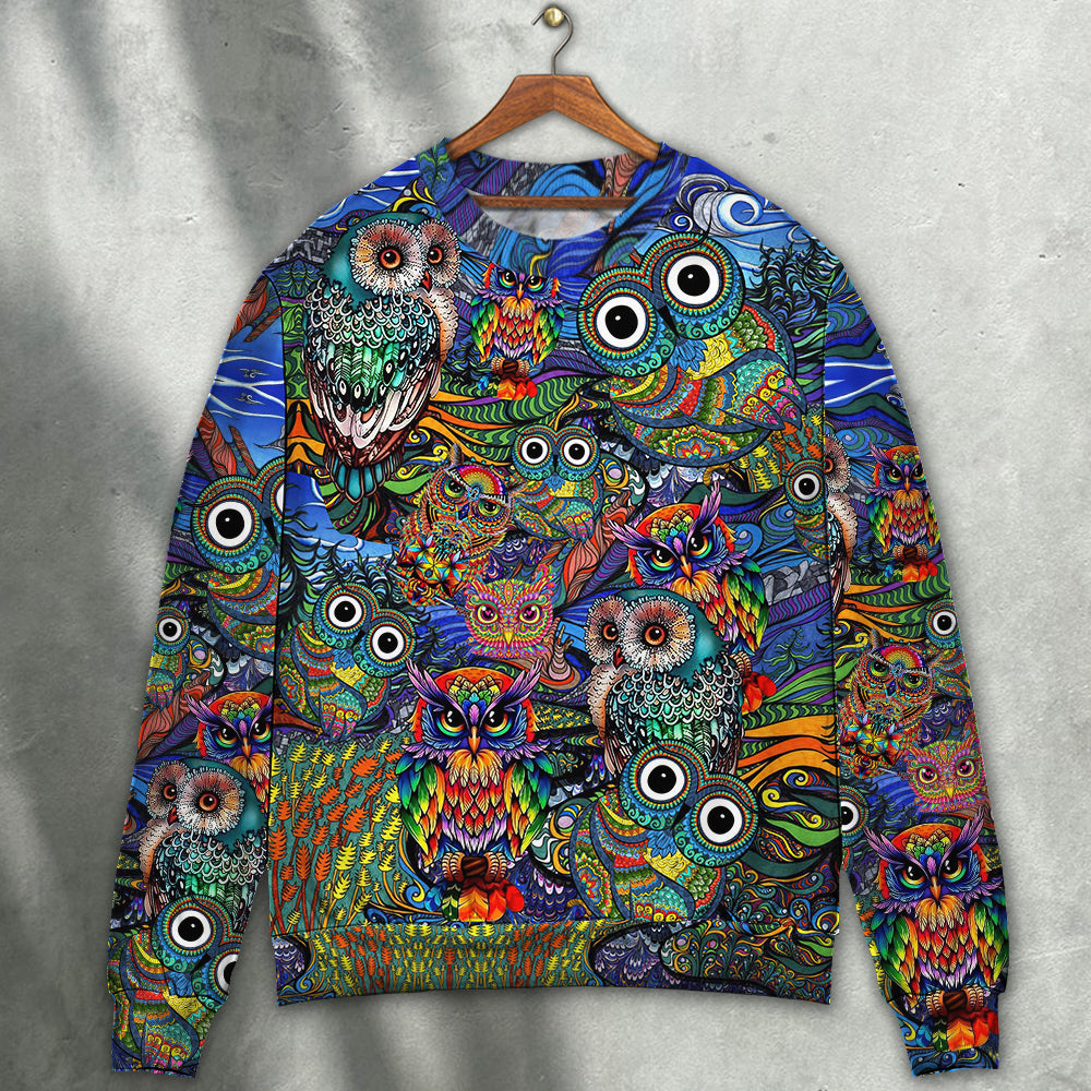 Hippie Owls Peace Life Colorful Art – Sweater - Ugly Christmas Sweater