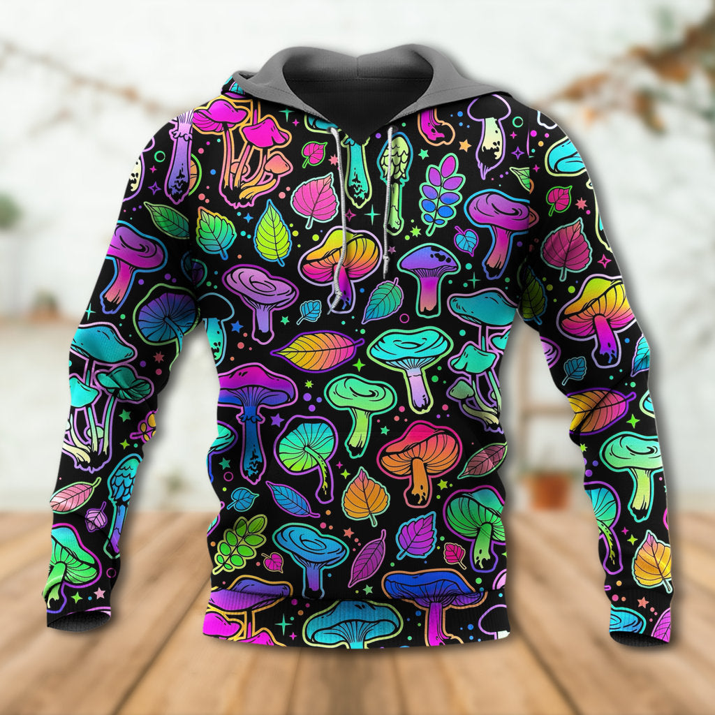 Neon Mushroom Leaf Art - 3D Hoodie