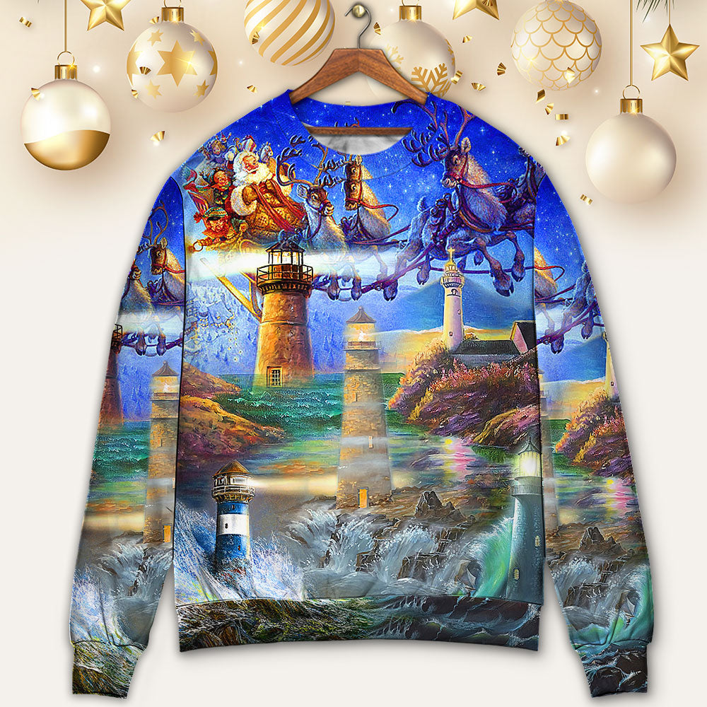 Lighthouse Christmas Santa Shine Like A Light – Sweater - Ugly Christmas Sweater