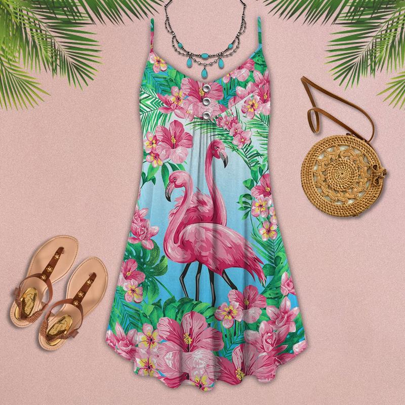Flamingo Tropical Floral Summer – Women's Summer Sleeveless V-Neck Camisole Dress