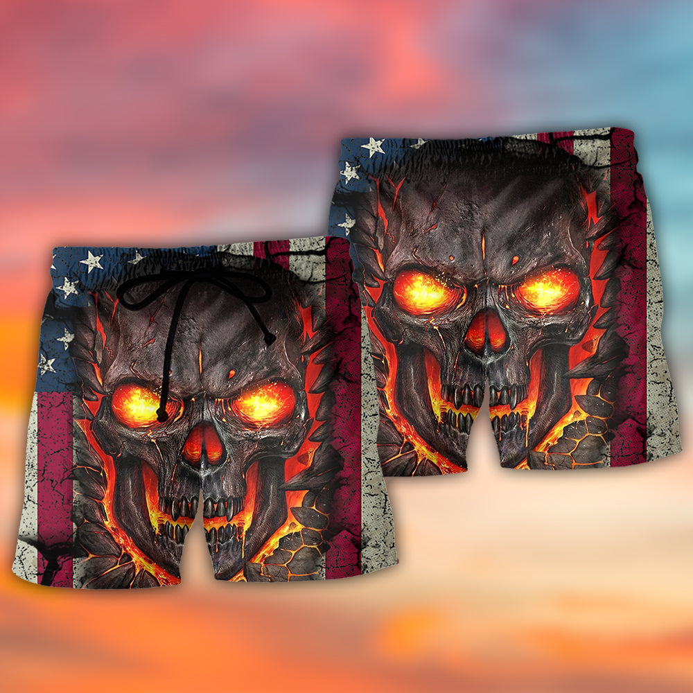 Skull Burning Angry American Flag Vintage - Beach Short - Owls Matrix LTD