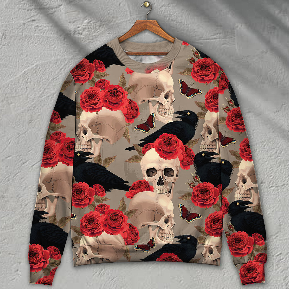 Gothic Skull Rose And Raven Art – Sweater - Ugly Christmas Sweater