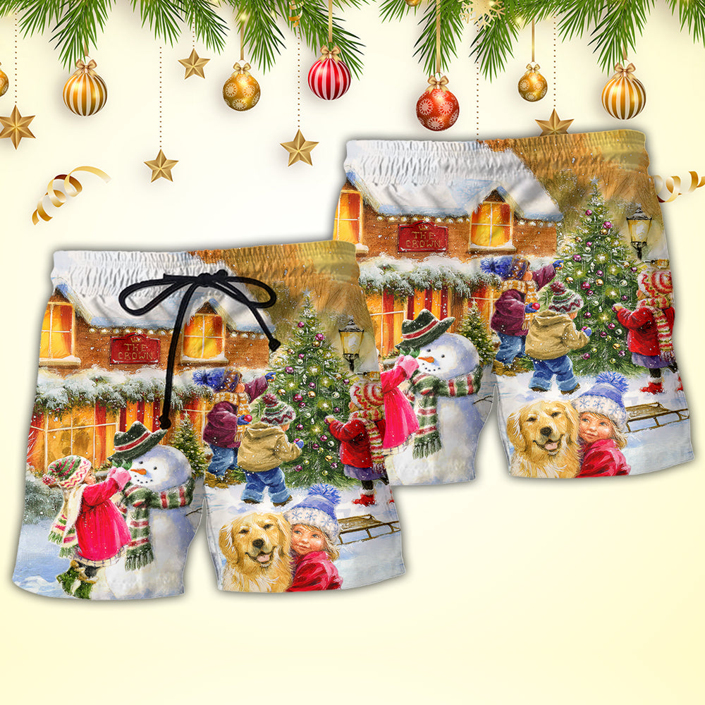 Christmas Kids And Animals Town Art – Beach Short