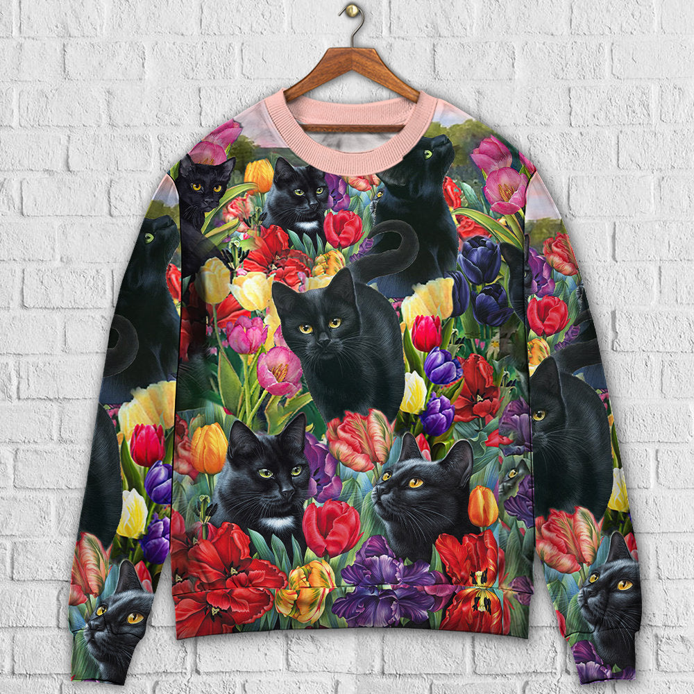 Black Cat Love Colorful Flowers Art – Sweater - Ugly Christmas Sweater
