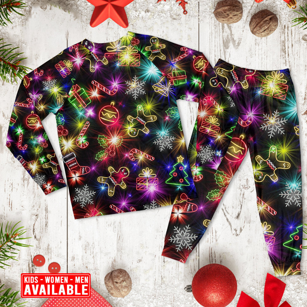 Christmas With Tree And Gift Cookies Gingerbread Man Neon Style - Pajamas Long Sleeve - Owls Matrix LTD