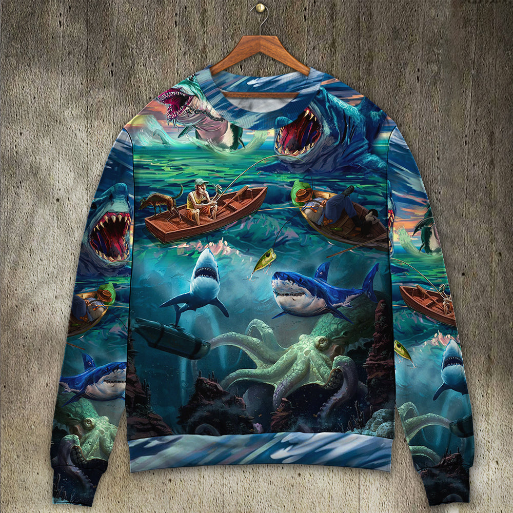Fishing Shark Crazy Art Style – Sweater - Ugly Christmas Sweater