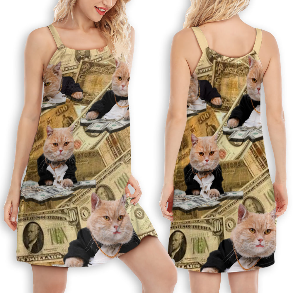 Vintage Money Cat Art – Women's Summer Sleeveless V-Neck Camisole Dress