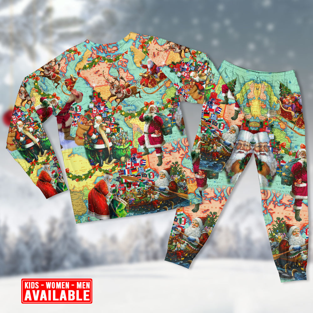 Chirstmas Love Santa World Map - Pajamas Long Sleeve - Owls Matrix LTD