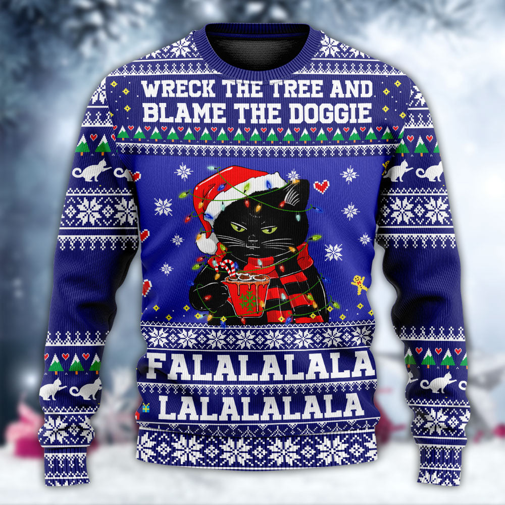 Black Cat Wrecks Tree Funny Holiday – Sweater - Ugly Christmas Sweater