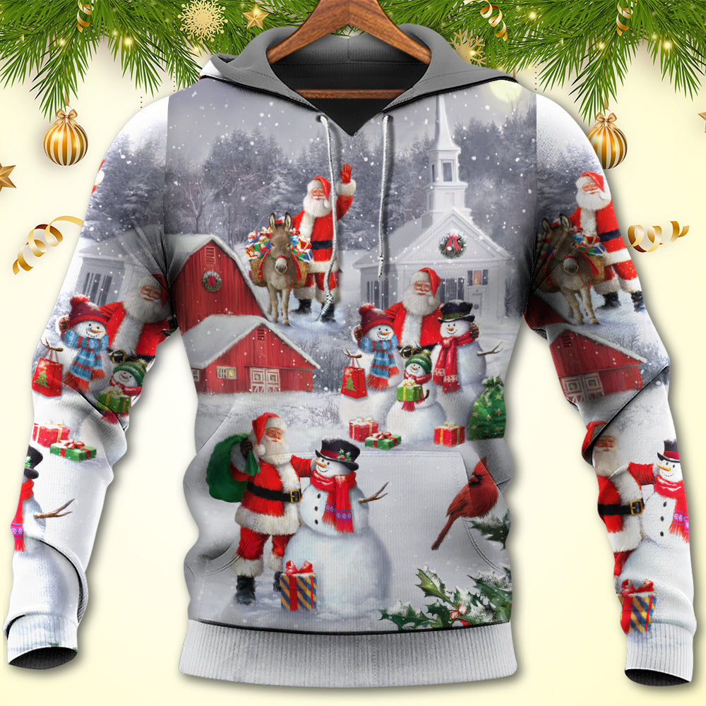 Christmas Santa With Snowman Family Town Art - Hoodie
