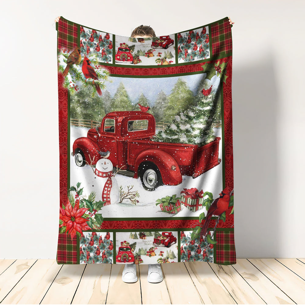 Cardinal Red Truck Christmas Flannel Blanket For Soft Bed Couch And Home Comfort