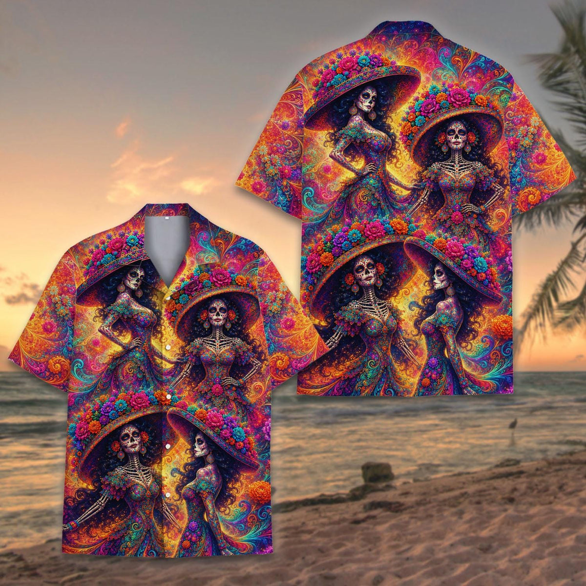 Floral Skull Colorful Skeleton Lady Gothic Halloween – Hawaiian Shirt