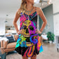 Skull And Moth Neon Butterfly Night – Women's Summer Sleeveless V-Neck Camisole Dress