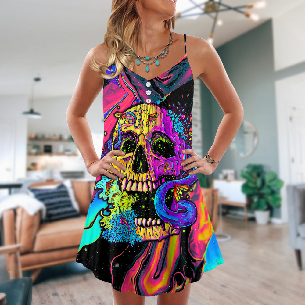 Skull And Moth Neon Butterfly Night – Women's Summer Sleeveless V-Neck Camisole Dress