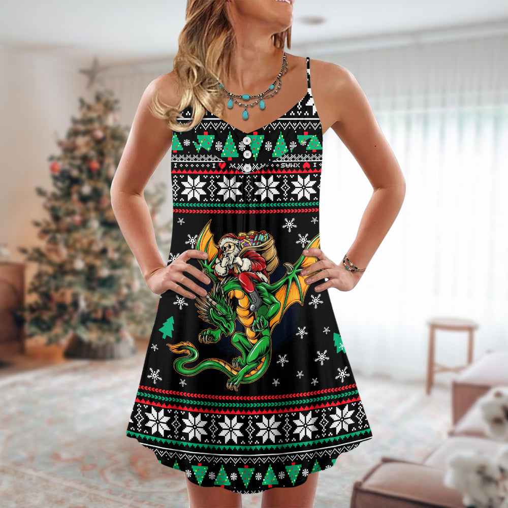 Christmas Santa And Dragon – Women's Summer Sleeveless V-Neck Camisole Dress