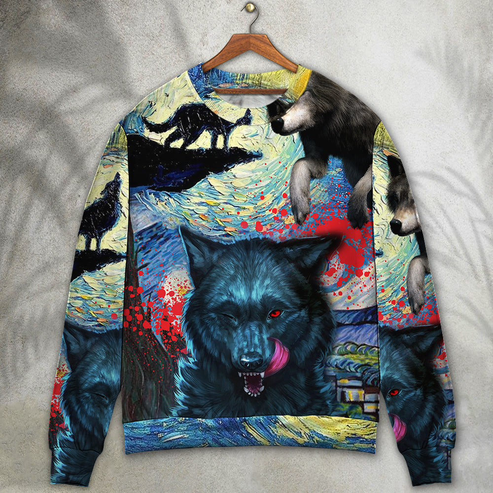Halloween Black Wolf Starry Night Art – Sweater - Ugly Christmas Sweater