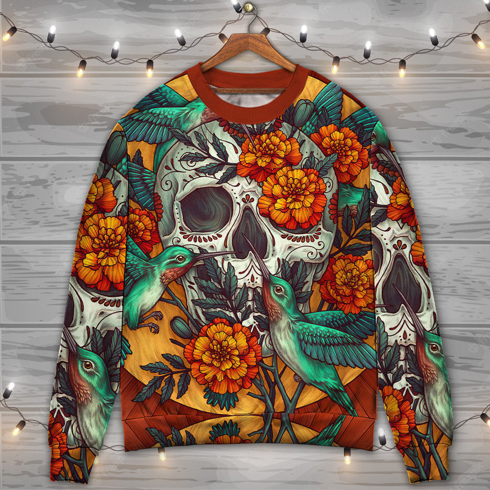 Floral Skull With Hummingbird Art – Sweater - Ugly Christmas Sweater