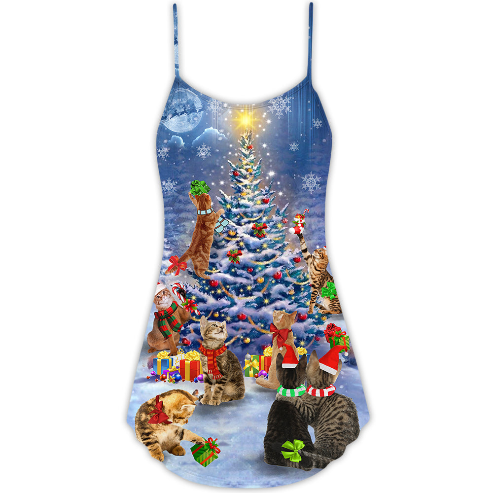 Christmas Cats And Tree Love – Women's Summer Sleeveless V-Neck Camisole Dress