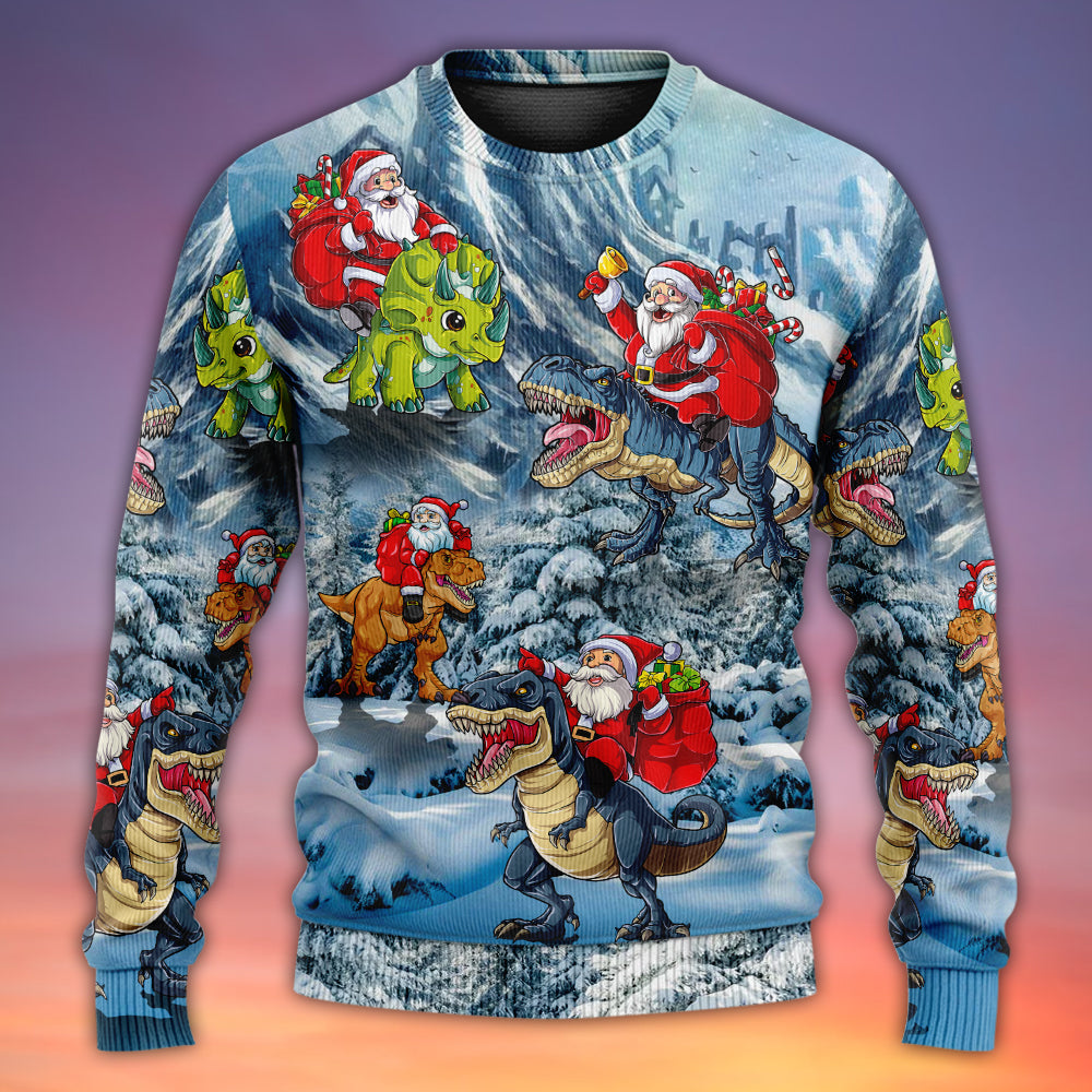 Christmas Santa Riding Dinosaur Tree Gift Light Art – Sweater - Ugly Christmas Sweater