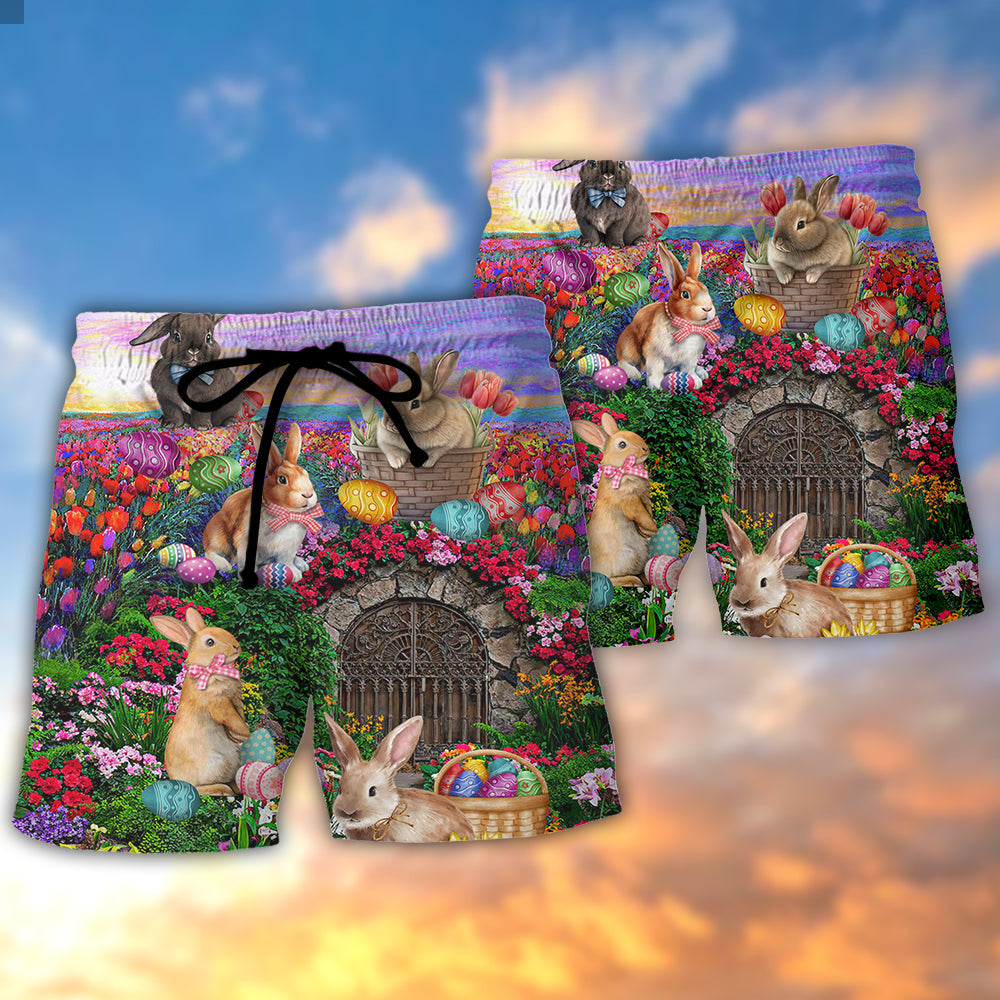 Easter Rabbit In Floral Watercolor Landscape - Beach Short