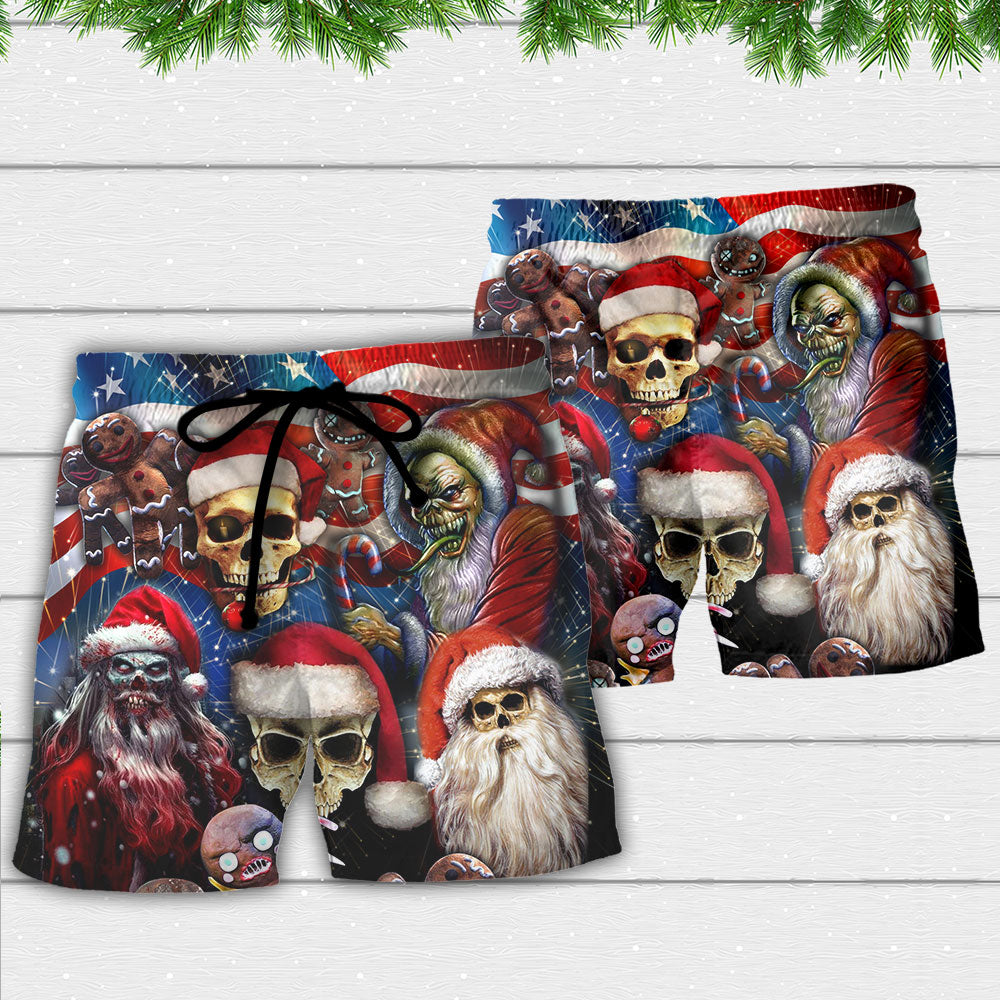 Skull Xmas US Flag Horror Skeleton - Beach Short - Owls Matrix LTD